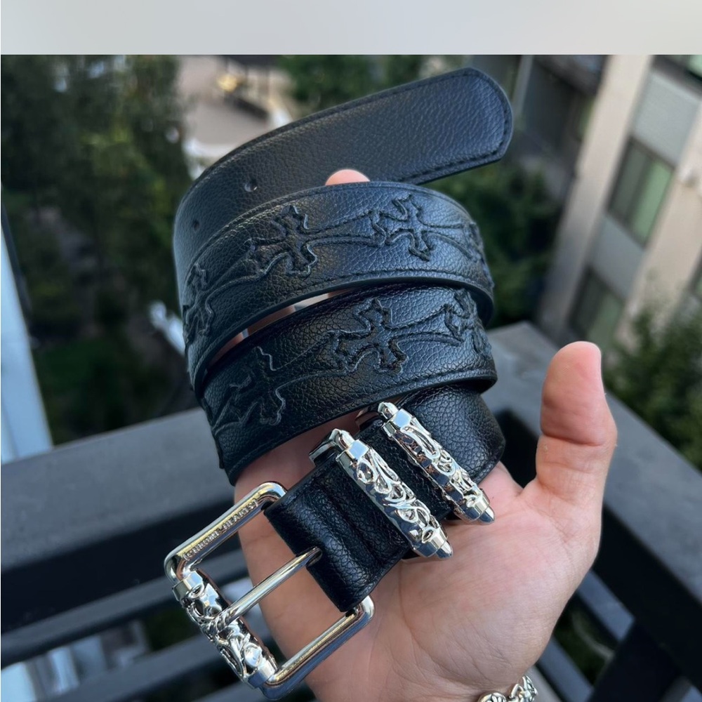 Black Embossed Leather Belt with Silver Buckle